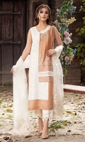 Cotton net plain block brown shirt with off white embroideries and a hand embellished pearl neckline motif. It is paired with block print pants and dupatta. *The length of the shirt is 45 inches.