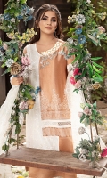 Cotton net plain block brown shirt with off white embroideries and a hand embellished pearl neckline motif. It is paired with block print pants and dupatta. *The length of the shirt is 45 inches.