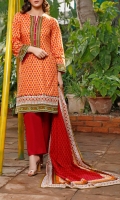 3.0 Meter Printed Lawn Shirt. 2.5 Meter Printed Lawn Dupatta. 2.5 Meter Dyed Trouser.