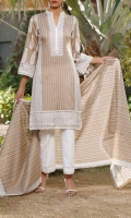 3.0 Meter Printed Lawn Shirt. 2.5 Meter Printed Lawn Dupatta. 2.5 Meter Dyed Trouser.