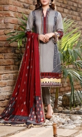 3.0 Meter Printed Lawn Shirt. 2.5 Meter Printed Lawn Dupatta. 2.5 Meter Dyed Trouser.