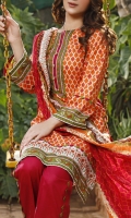 3.0 Meter Printed Lawn Shirt. 2.5 Meter Printed Lawn Dupatta. 2.5 Meter Dyed Trouser.