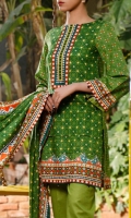 3.0 Meter Printed Lawn Shirt. 2.5 Meter Printed Lawn Dupatta. 2.5 Meter Dyed Trouser.