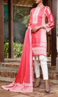 3.0 Meter Printed Lawn Shirt. 2.5 Meter Printed Lawn Dupatta. 2.5 Meter Dyed Trouser.
