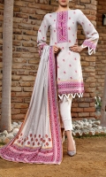 3.0 Meter Printed Lawn Shirt. 2.5 Meter Printed Lawn Dupatta. 2.5 Meter Dyed Trouser.