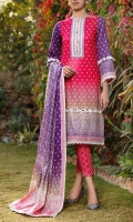 3.0 Meter Printed Lawn Shirt. 2.5 Meter Printed Lawn Dupatta. 2.5 Meter Dyed Trouser.