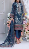 3 Meter Digital Embroidered Airjet Cambric Shirt. 2.5 Meter Digital Printed Airjet Lawn Dupatta with two side Embroidery. 2.5 Meter Dyed Trouser.