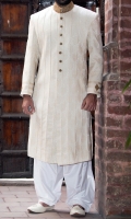 Off white karandi jamavar fabric sherwani designed with zardozi work on collar,buttons,sleeves and back motif also self thread embroidery on sleeves and back panel and pin-tucks detail on front panels