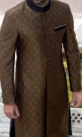 Self jamavar brown color fabric sherwani designed with contrast velvet stitching detail treatment applying on collar buttons and valet.