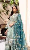 EMBROIDERED NET SHIRT FRONT 24 INCHES EMBROIDERED NET EXTENSION 12 INCHES EMBROIDERED NET SHIRT BACK 34 INCHES FRONT AND BACK BORDER PATCH 66 INCHES SLEEVES 22 INCHES ORGANZA GOLD PRINT DUPATTA 2.5 YDS EMBROIDERED DUPATTA PATCH 2.5 YDS RAWSILK EMBROIDERED TROUSER 2.5 YDS