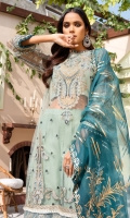 EMBROIDERED NET SHIRT FRONT 24 INCHES EMBROIDERED NET EXTENSION 12 INCHES EMBROIDERED NET SHIRT BACK 34 INCHES FRONT AND BACK BORDER PATCH 66 INCHES SLEEVES 22 INCHES ORGANZA GOLD PRINT DUPATTA 2.5 YDS EMBROIDERED DUPATTA PATCH 2.5 YDS RAWSILK EMBROIDERED TROUSER 2.5 YDS