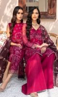EMBROIDERED CRINKLE CHIFFON FRONT 36 INCHES EMBROIDERED CRINKLE CHIFFON BACK 36 INCHES CRINKLE CHIFFON SLEEVES 22 INCHES SLEEVES PATCH 40 INCHES EMBROIDERED ORGANZA DUPATTA 2.65 YDS RAWSILK TROUSER 2.5 YDS