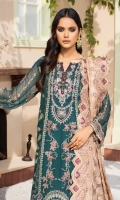 EMBROIDERED CRINKLE CHIFFON FRONT 24 INCHES EMBROIDERED CRINKLE EXTENSION 12 INCHES CRINKLE CHIFFON BACK 36 INCHES EMBROIDERED BACK PATCH 36 INCHES CRINKLE CHIFFON SLEEVES 22 INCHES SLEEVES PATCH 40 INCHES EMBROIDERED CRINKLE CHIFFON DUPATTA 2.75 YDS EMBROIDERED DUPATTA PATCH 5.5 YDS RAWSILK TROUSER 2.5 YDS
