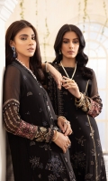 EMBROIDERED CHIFFON FRONT 36 INCHES CHIFFON BACK 36 INCHES EMBROIDERED CHIFFON SLEEVES 22 INCHES EMBROIDERED FRONT AND BACK PATCH EMBROIDERED CHIFFON DUPATTA 2.50 YARDS EMBROIDERED CHIFFON PALU DUPATTA RAWSILK TROUSER 2.50 YARDS