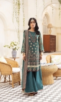 EMBROIDERED CHIFFON CENTER PANEL 12 INCHES EMBROIDERED CHIFFON LEFT PANEL 12 INCHES EMBROIDERED CHIFFON RIGHT PANEL 12 INCHES CHIFFON BACK 36 INCHES EMBROIDERED CHIFFON SLEEVES 22 INCHES EMBROIDERED SLEEVES PATCH EMBROIDERED FRONT AND BACK PATCH EMBROIDERED CHIFFON DUPATTA 2.50 YARDS EMBROIDERED DUPATTA PALU PATCH RAWSILK TROUSER 2.50 YARDS 