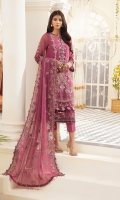  EMBROIDERED CHIFFON FRONT 24 INCHES EMBROIDERED CHIFFON EXTENSION 12 INCHES CHIFFON BACK 36 INCHES EMBROIDERED CHIFFON SLEEVES 22 INCHES EMBROIDERED FRONT AND BACK PATCH EMBROIDERED CHIFFON DUPATTA 2.50 YARDS RAWSILK TROUSER 2.50 YARDS