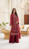 EMBROIDERED CHIFFON FRONT 24 INCHES EMBROIDERED CHIFFON SIDE EXTENSION 12 INCHES CHIFFON BACK 36 INCHES EMBROIDERED CHIFFON SLEEVES 22 INCHES EMBROIDERED FRONT AND BACK PATCH EMBROIDERED CHIFFON DUPATTA 2.50 YARDS EMBROIDERED RAWSILK TROUSER 2.50 YARDS 