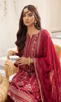 EMBROIDERED CHIFFON FRONT 24 INCHES EMBROIDERED CHIFFON SIDE EXTENSION 12 INCHES CHIFFON BACK 36 INCHES EMBROIDERED CHIFFON SLEEVES 22 INCHES EMBROIDERED FRONT AND BACK PATCH EMBROIDERED CHIFFON DUPATTA 2.50 YARDS EMBROIDERED RAWSILK TROUSER 2.50 YARDS 