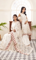 EMBROIDERED NET FRONT 60 INCHES NET BACK 60 INCHES EMBROIDERED FRONT YOKE 24 INCHES BACK YOKE 24 INCHES EMBROIDERED BACK MOTIF EMBROIDERED NET SLEEVES 22 INCHES EMBROIDERED NET DUPATTA 2.50 YARDS RAWSILK TROUSER 2.50 YARDS 