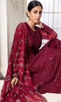  EMBROIDERED CHIFFON FRONT 36 INCHES CHIFFON BACK 36 INCHES EMBROIDERED CHIFFON SLEEVES 22 INCHES EMBROIDERED FRONT AND BACK PATCH EMBROIDERED CHIFFON DUPATTA 2.50 YARDS EMBROIDERED DUPATTA PATCH RAWSILK TROUSER 2.50 YARDS