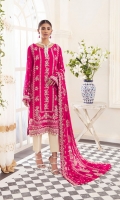 EMBROIDERED CHIFFON FRONT 30 INCHES CHIFFON BACK 30 INCHES EMBROIDERED CHIFFON SLEEVES 22 INCHES EMBROIDERED SLEEVES PATCH EMBROIDERED FRONT AND BACK PATCH EMBROIDERED CHIFFON DUPATTA 2.50 YARDS RAWSILK TROUSER 2.50 YARDS