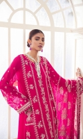 EMBROIDERED CHIFFON FRONT 30 INCHES CHIFFON BACK 30 INCHES EMBROIDERED CHIFFON SLEEVES 22 INCHES EMBROIDERED SLEEVES PATCH EMBROIDERED FRONT AND BACK PATCH EMBROIDERED CHIFFON DUPATTA 2.50 YARDS RAWSILK TROUSER 2.50 YARDS