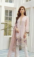 This 3 pc pure crinkle chiffon embroidered shirt feature soft tones, along with net embroidered chiffon dupata along with contrasting raw silk trousers including linning & accessories.