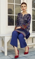 This 2 pc khadi net embroidered shirt features striking hues along with raw silk trousers including linning & accessories.