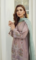 This 3 pc pure crinkle chiffon embroidered shirt feature soft hues, along with contrasting pure crinkle embroidered chiffon dupata including raw silk trousers, linning & accessories.