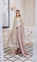 EMBROIDERED CHIFFON SHIRT FRONT 45 INCHES EMBROIDERED CHIFFON SHIRT BACK 45 INCHES EMBROIDERED CHIFFON SLEEVES 22 INCHES EMBROIDERED SLEEVES PATCH EMBROIDERED FRONT AND BACK PATCH EMBROIDERED CHIFFON DUPATTA 2.50 YARDS EMBROIDERED PALLU PATCH RAWSILK TROUSER 2.50 YARDS