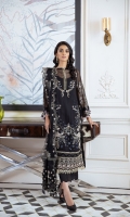 EMBROIDERED CHIFFON SHIRT FRONT 30 INCHES EMBROIDERED CHIFFON SHIRT BACK 30 INCHES EMBROIDERED CHIFFON SLEEVES 22 INCHES EMBROIDERED FRONT AND BACK PATCH EMBROIDERED NET DUPATTA 2.65 YARDS RAW SILK TROUSER 2.5 YARDS