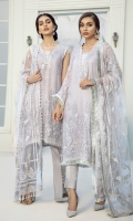 EMBROIDERED CRINKLE CHIFFON SHIRT FRONT 25 INCHES EMBROIDERED CRINKLE CHIFFON EXTENSION FRONT 12 INCHES EMBROIDERED CRINKLE CHIFFON SHIRT BACK 36 INCHES EMBROIDERED SILK FRONT & BACK PATCH 72 INCHES EMBROIDERED CRINKLE CHIFFON SLEVEES 22 INCHES EMBROIDERED CRINKLE CHIFFON DUPATTA 2.50 YARDS RAW SILK TROUSER 2.50 YARDS