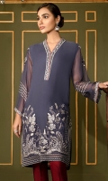 This 2 PC Pure crinkle chiffon embroidered shirt, features mid tones tones along with contrasting raw silk trousers including lining & accessories.