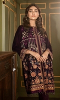 This 2 PC Pure Velvet embroidered shirt, features deep tones along with Raw silk trousers including lining & accessories.