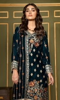 This 2 PC Pure Velvet embroidered shirt, features deep tones along with embroidered raw silk trousers & accessories.