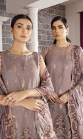 EMBROIDERED ORGANZA FRONT 26 INCHES EMBROIDERED ORGANZA EXTENTION 12 INCHES EMBROIDERED ORGANZA BACK 36 INCHES ORGANZA FRONT BACK PATCH 72 INCHES SLEEVES 20 INCHES SLEEVES PATCH 40 INCHES EMBROIDERED CHIFFON DUPATTA 2.65 YARDS EMBROIDERED RAWSILK TROUSER 2.5 YARDS