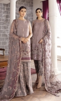 EMBROIDERED ORGANZA FRONT 26 INCHES EMBROIDERED ORGANZA EXTENTION 12 INCHES EMBROIDERED ORGANZA BACK 36 INCHES ORGANZA FRONT BACK PATCH 72 INCHES SLEEVES 20 INCHES SLEEVES PATCH 40 INCHES EMBROIDERED CHIFFON DUPATTA 2.65 YARDS EMBROIDERED RAWSILK TROUSER 2.5 YARDS