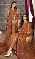 EMBROIDERED NET FRONT 42.5 INCHES EMBROIDERED NET BACK 42.5 INCHES YOKE FRONT AND BACK 50 INCHES SLEEVES 20 INCHES SLEEVES PATCH 38 INCHES EMBROIDERED NET DUPATTA 2.65 YARDS EMBROIDERED PATCH FOR DUPATTA OR NECK 2.75 YARDS RAWSILK TROUSER 2.5 YARDS