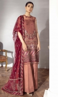 EMBROIDERED CHIFFON CRINKLE FRONT 36 INCHES EMBROIDERED CHIFFON CRINKLE BACK 36 INCHES FRONT & BACK PATCH 72 INCHES NECK PATCH 36 INCHES EMBROIDERED CHIFFON SLEEVES 22 INCHES ORGANZA SLEEVES PATCH 40 INCHES EMBROIDERED NET DUPATTA 2.65 YARDS RAWSILK TROUSER 2.5 YARDS