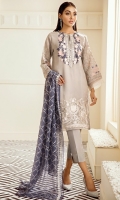 This 3 pc pure crinkle chiffon embroidered shirt feature soft tones with contrasting chiffon embroidered dupata along with raw silk trousers including lining & accessories.