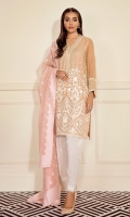 This 3 pc pure crinkle chiffon embroidered shirt feature soft tones, along with contrasting kahdi net shawl including raw silk trousers, lining & accessories.