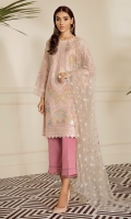 This 3 pc Masuri khadi net embroidered shirt feature soft hues along with net embroidered dupata including contrasting raw silk trousers, lining & accessories