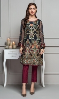 This 2 PC Pure crinkle chiffon embroidered shirt, features deep tones along with contrasting Raw silk trousers & accessories.