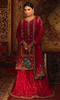 'Ghazal' is a fusion of tradition and modernity, this pure raw silk shirt in fuschia pink is adorned with intricate details of kora, dabka and resham is perfect for the wedding season. It comes with a medium silk dupatta with heavy embroidery on borders and booti. A matching banarsi dhaka pajama is added with exquisite handwork on borders. This outfit is complimented with an accent paltawa in teal color. It comes with a hand-embellished pouch in teal to add finesse to the look.
