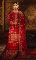 This traditional red bridal outfit brings the tales of our heritage along with it. This dress is crafted on pure raw silk featuring heavy hand embroidery with detailed zardoze and resham work. It is a graceful combination of red farshi gharara (without trail) and a mid length shirt on a precise composition of mehrab with florals and geometrics to make a perfect blend. The back neckline is given more detail by a handmade heavy tassel. It is complimented by an exquisitely handcrafted red dupatta in medium silk with heavy mathapati, booti and borders. The dress is finished with a contrasting emerald green banarsi fabric, hanging gemstones and pearls. A handcrafted alluring pouch in pure raw silk comes to add a little more perfection to the outfit.