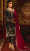 'Mahjabeen' is an ash grey heavy formal done to perfection. It is a pure raw silk kameez with a well composed floral pattern hand embroidered in gold and silver with touches of fuschia pink resham and accented pink paltawa. It is paired with pure raw silk straight pants and heavily embroidered fuschia pink raw silk dupatta and chan booti with pearl finishing. A customized pouch can be added to the outfit upon request.