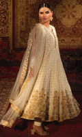 'Nargis' is an old school yet chic white banarsi silk kalidaar with detailed embellishments. The hem is finished with Mughal motifs adorned with heavy zardoze work. This alluring outfit is coordinated with a matching net dupatta consisting of intricately embroidered borders. Enhance the charm by pairing it up with white raw silk churidar pajama. A customized pouch can also be added upon your request.