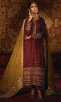 'Azal' has a straight long silhouette in plum, giving it a regal and timeless appeal. The Mughal inspired mehraab motif on daman and dupatta are enhanced by fine handcraftmanship of aari, kora, dabka and mirror work. The understated charm of the garment is enriched by elaborate olive green net dupatta with embroidered borders and overall chan and booti. It is paired with a plum pure banarsi silk churidaar pajama, completing the look with same banarsi finishing on dupatta and shirt. A customized pouch can be made on order to complete the look.