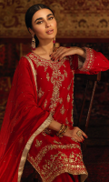 This alluring ruby red piece is a stunning traditional ensemble that is a perfect fusion between traditional and contemporary. The shirt is embellised with magnificent gold hand work comprising of kora, dabka and ari handwork that creates a regal look and highlights the craftsmanship of this design, which is perfect for a festive wear. It is also adorned with floral decorated motifs on the borders along with delicate motif on the shirt, further enriched with kingri and gold tissue finishing on the shirt and the dupatta. The sleeves are styled with chan and a stunning border of gold hand work. It is complimented with red bell bottoms that are well contrasted with the traditional shirt. The red net dupatta comprises of chan and a sophisticated gold tissue silk finishing with gota work. The pouch can be made on customisation as per order.
