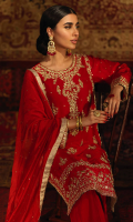 This alluring ruby red piece is a stunning traditional ensemble that is a perfect fusion between traditional and contemporary. The shirt is embellised with magnificent gold hand work comprising of kora, dabka and ari handwork that creates a regal look and highlights the craftsmanship of this design, which is perfect for a festive wear. It is also adorned with floral decorated motifs on the borders along with delicate motif on the shirt, further enriched with kingri and gold tissue finishing on the shirt and the dupatta. The sleeves are styled with chan and a stunning border of gold hand work. It is complimented with red bell bottoms that are well contrasted with the traditional shirt. The red net dupatta comprises of chan and a sophisticated gold tissue silk finishing with gota work. The pouch can be made on customisation as per order.